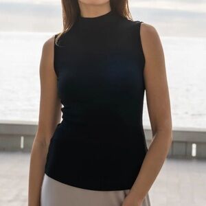 Jones New York Ribbed Silk Mock Neck Knit Sweater Top Black Sleeveless Sz Large